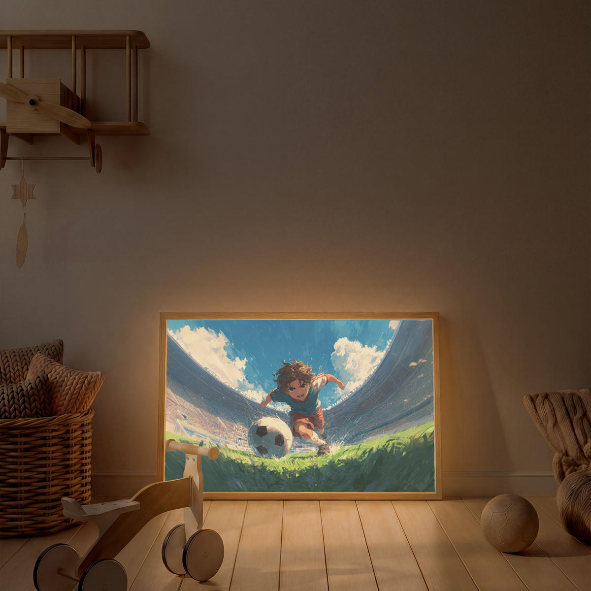 NACHTTISCHLAMPE MIT AKKU Stadion - Fußballer - Ball 100x70 cm - Blau, Holzwerkstoff (8/100/70cm) - OnlyWow