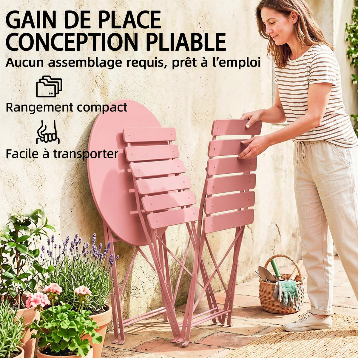 BALKONSET DE-14220 klappbar, Lattenrost Rose - Pink, Metall - ComfortXL