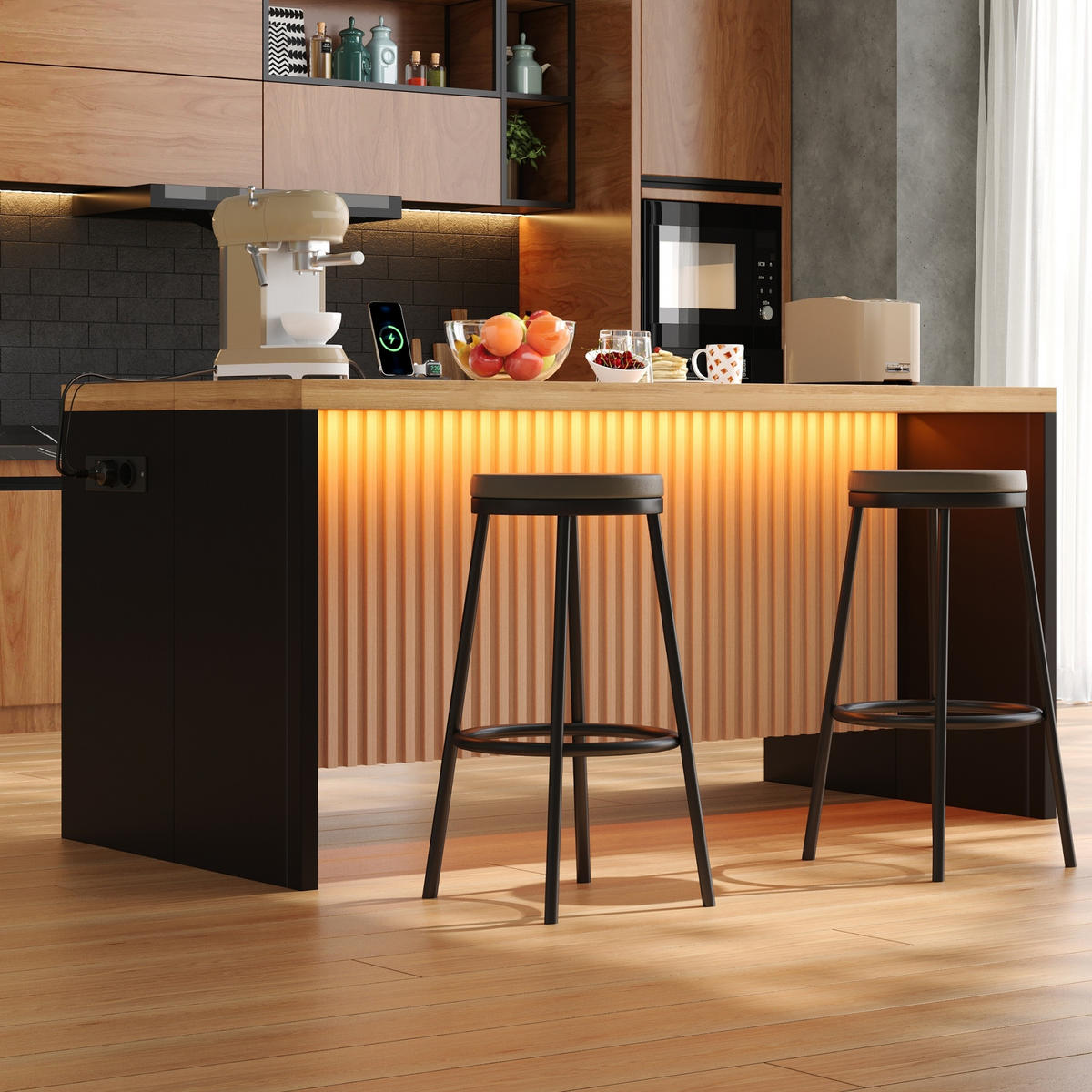 KÜCHENINSEL 155/80/90 cm Natürlich mit LED-Leuchten, 2 Steckdosen und 2 USB-Anschlüsse - Naturfarben, Holz/Holzwerkstoff (80/90/155cm) - Oxeza