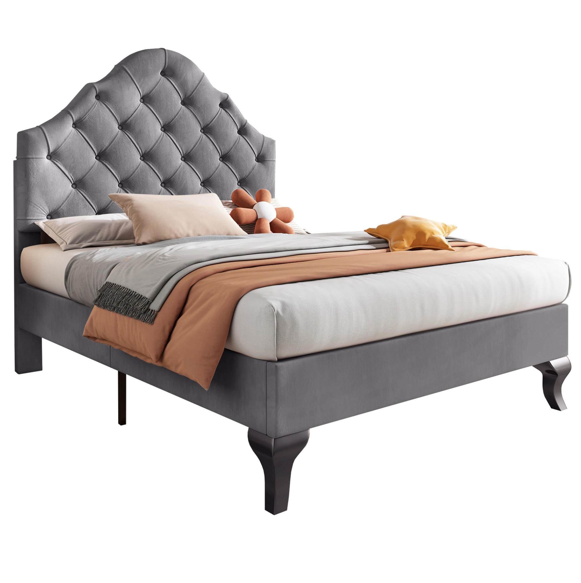 POLSTERBETT 90/200 cm mit Lattenrost und gepolstertem Kopfteil aus Samt, Grau - Grau, Textil (90/200cm) - Redom