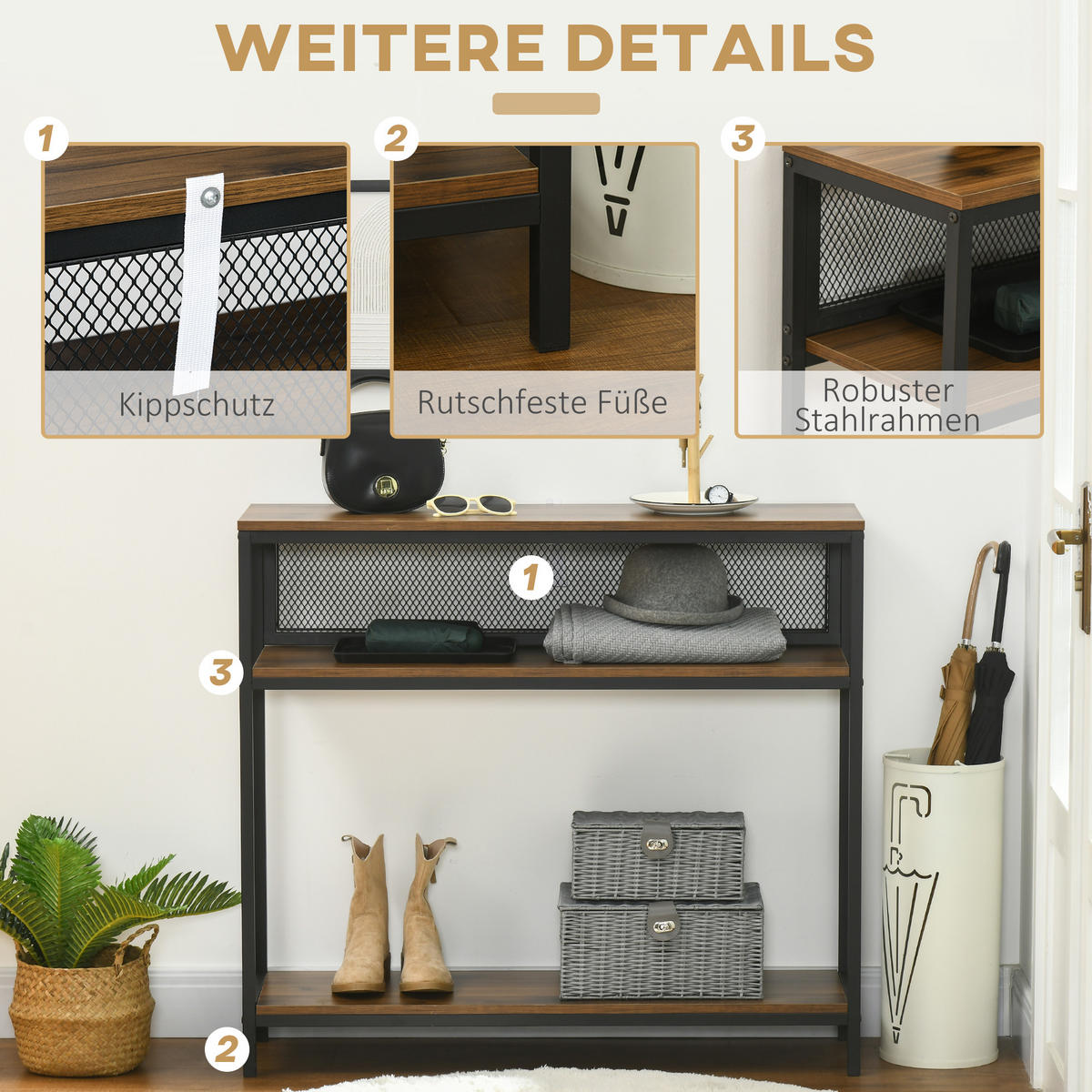KONSOLENTISCH, Flurtisch mit 2 Regalen, Braun, 100 x 29,5 x 90 cm - Braun, Holzwerkstoff (29.5/100/90cm) - HOMCOM
