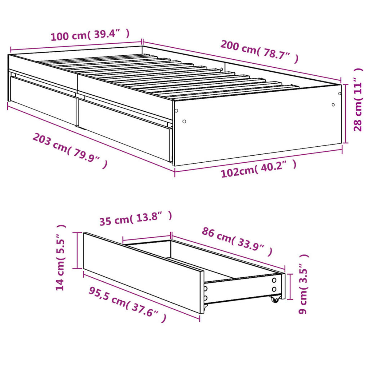BETTGESTELL Mit Schubladen Sonoma-Eiche 100/200Cm Holzwerkstoff - Braun, Holzwerkstoff (100/200cm) - vidaXL