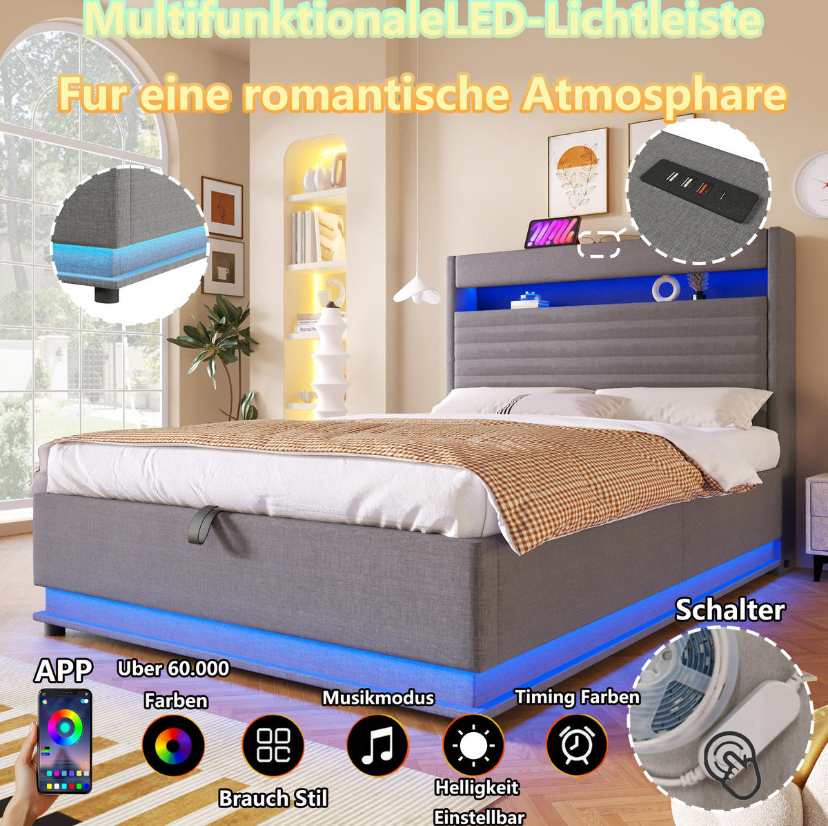 POLSTERBETT 90/200 cm Grau mit LED-Beleuchtung, USB- und Typ-C-Anschluss, hydraulischem Stauraum und Ablage - Grau, Textil (90/200cm) - OKMYHOME