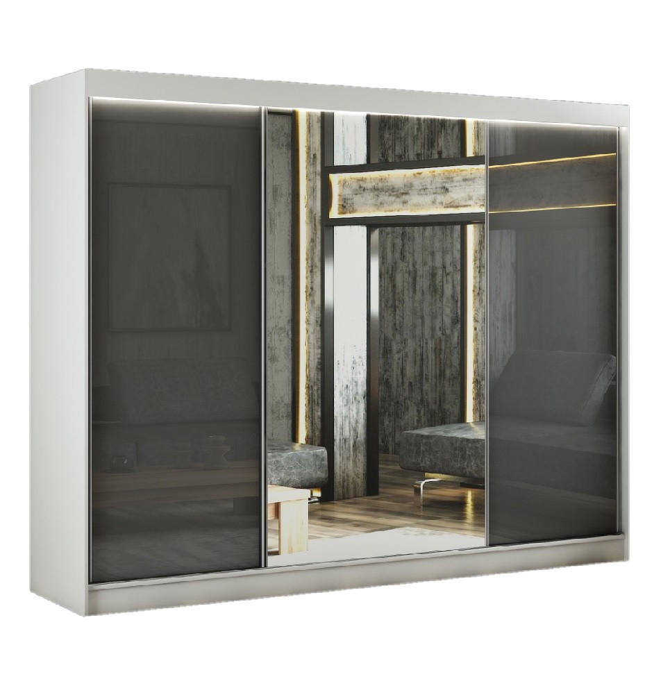 SCHWEBETÜRENSCHRANK Venus 250 cm mit Spiegel 3-türig, weiß, lacobel grau - Weiß/Grau, Kunststoff (250/215/61cm) - Margaret Hadas24