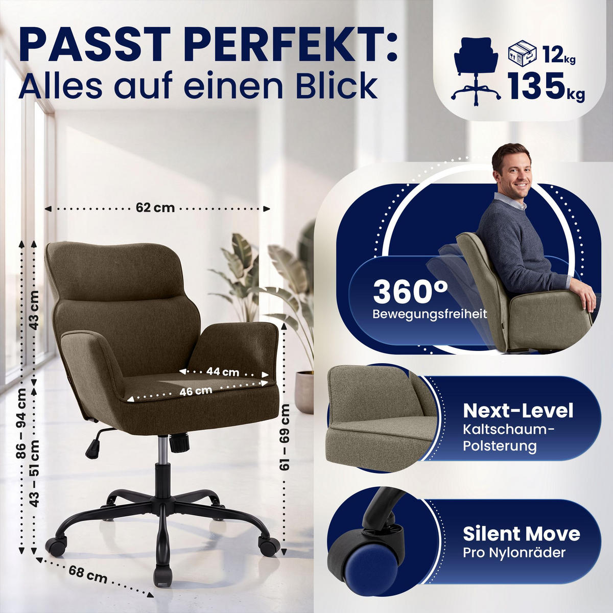 DREHSTUHL Stoff Braun - Schwarz/Braun, Textil (62/86/68cm) - CLP
