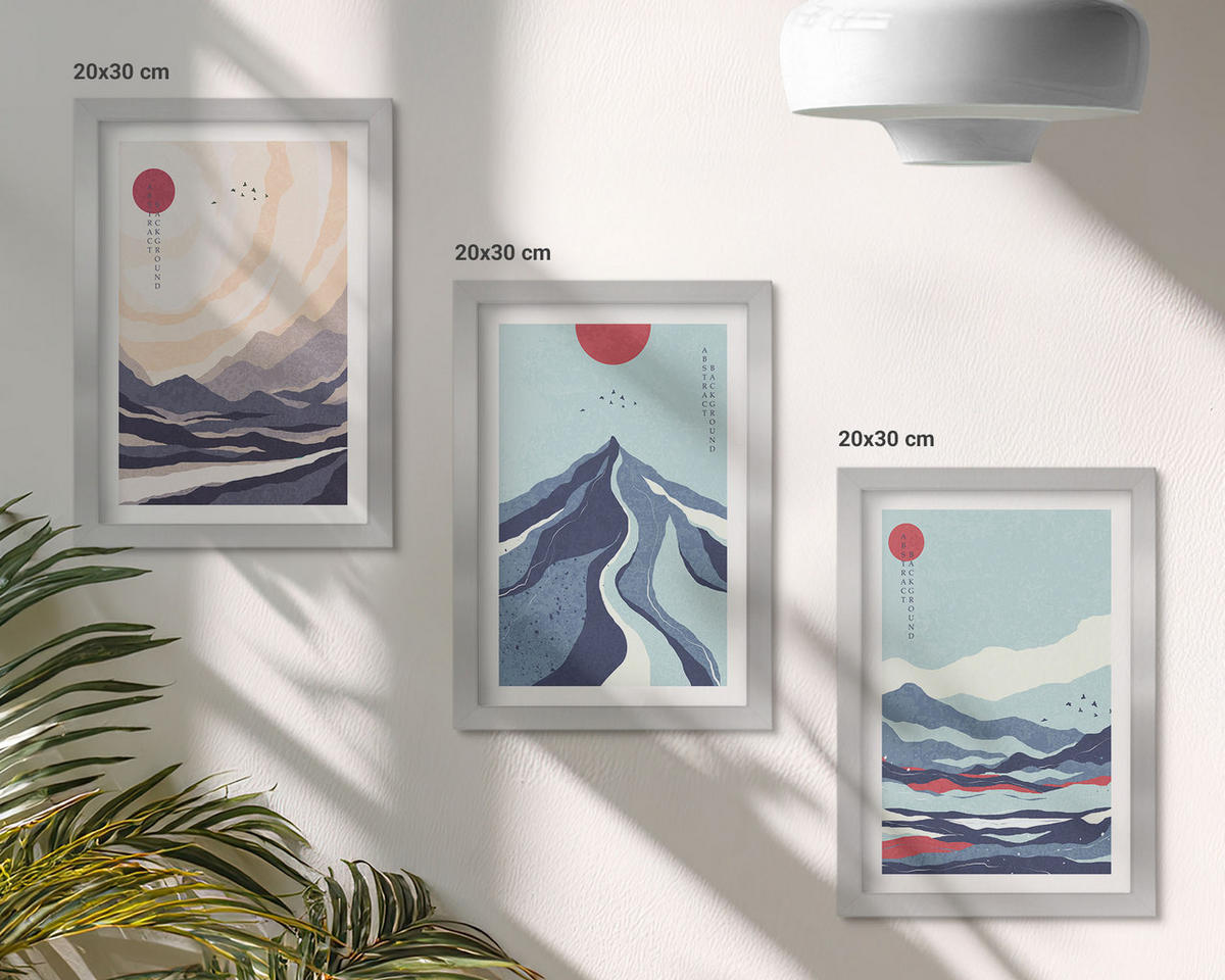 WANDBILDER 3er Set - 20x30 cm Silberner Rahmen - Abstrakte japanische Berge - Silberfarben, Kunststoff (20/30cm) - ArtPrintCave