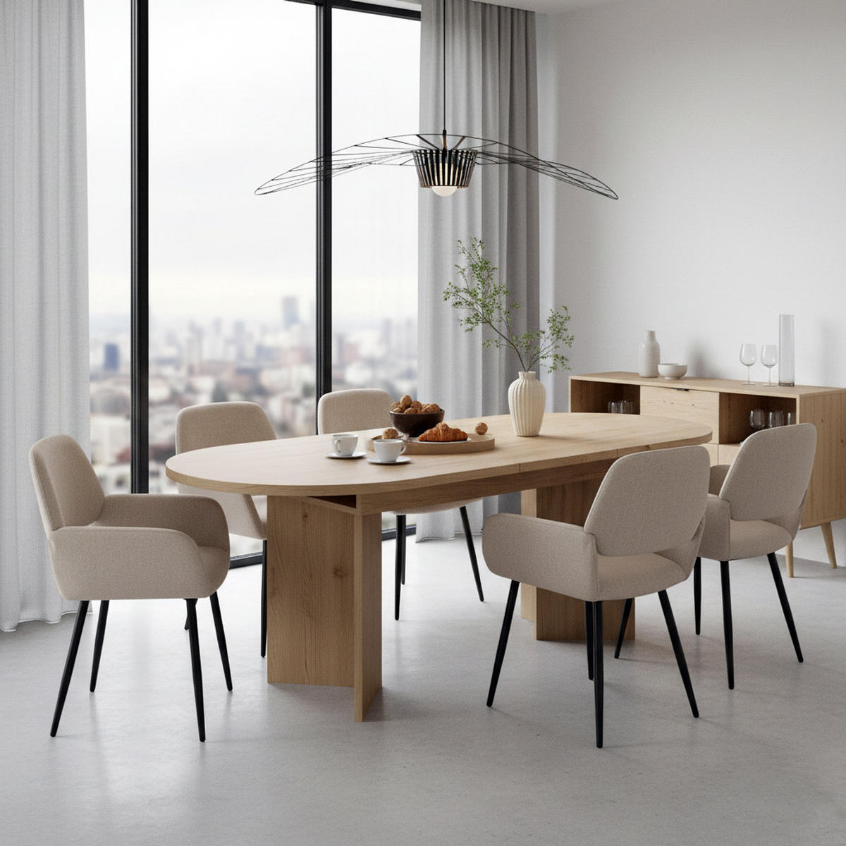 TISCHGRUPPE 7-teilig Ovaler Ausziehtisch Eiche-Optik & 6x 360° Drehstühle Beige - Schwarz/Eiche San Remo, Holzwerkstoff/Textil (160/75/80cm) - Urban Meuble