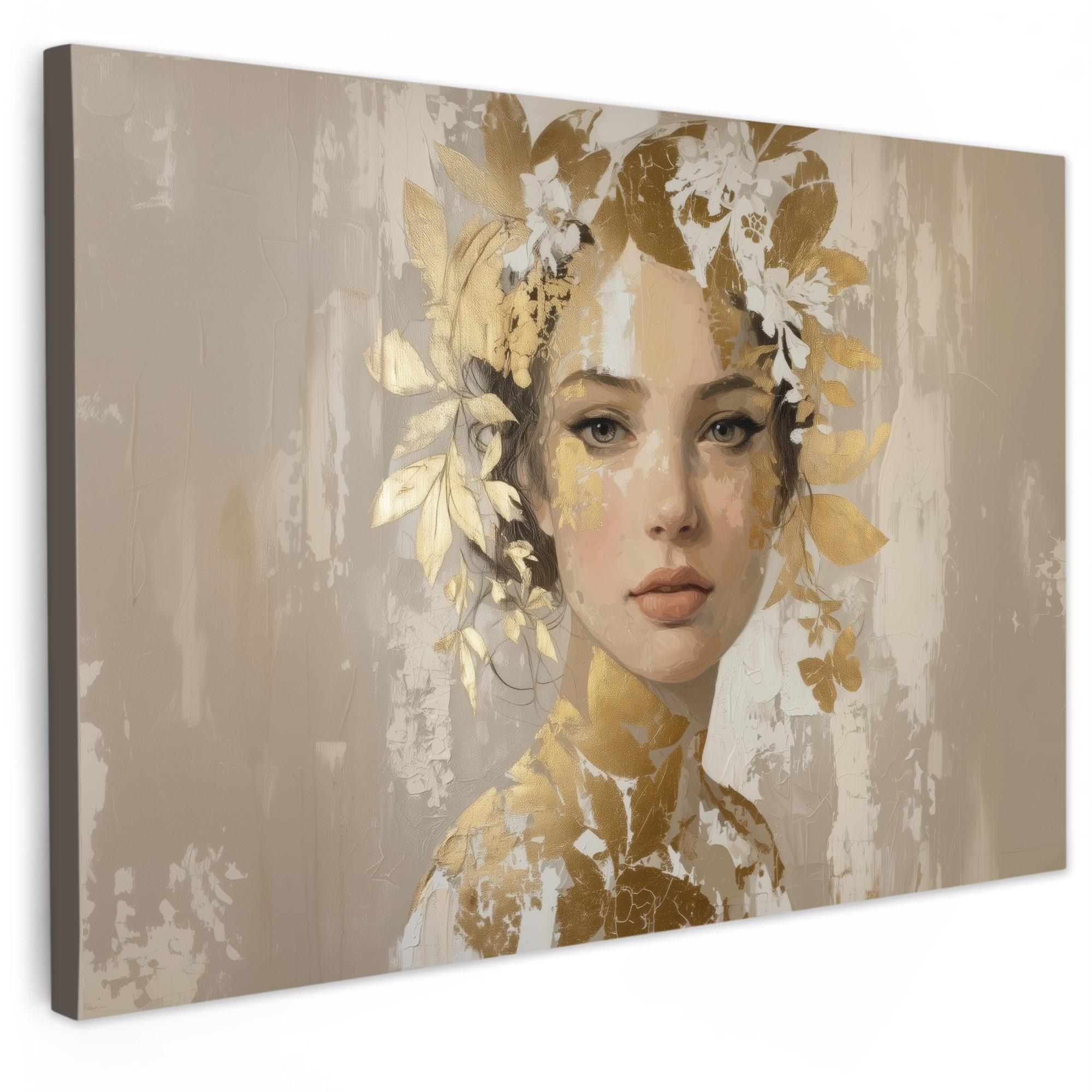 MuchoWow OBRAZ NA PLÁTNĚ Tvář - Žena - Listy - Zlato 120x80 cm