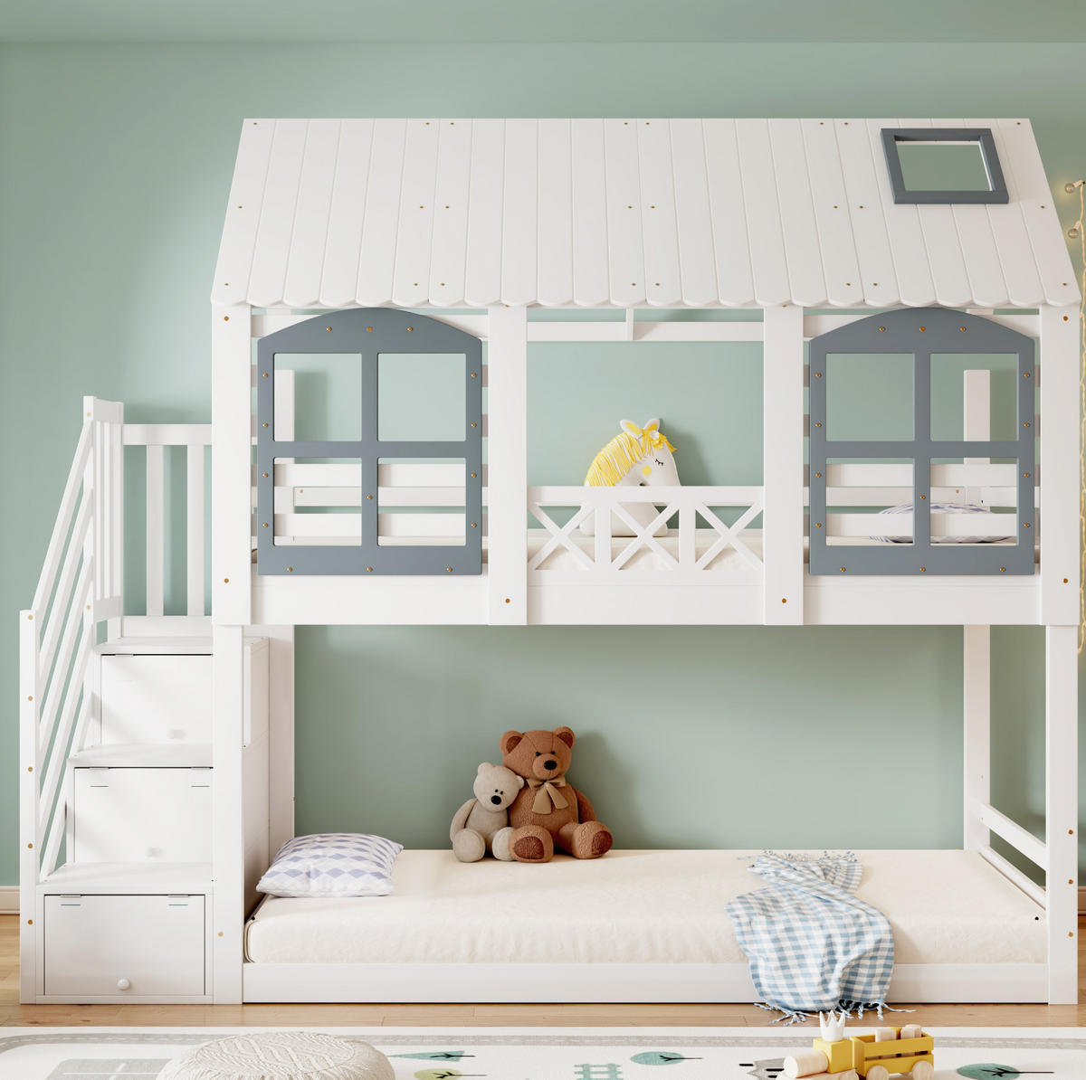 ETAGENBETT 90/200 cm mit Dach, Fenstern, Stauraumtreppe und Fallschutz, Kiefer/MDF, Weiß/Grau - Weiß, Holzwerkstoff (90/200cm) - Redom