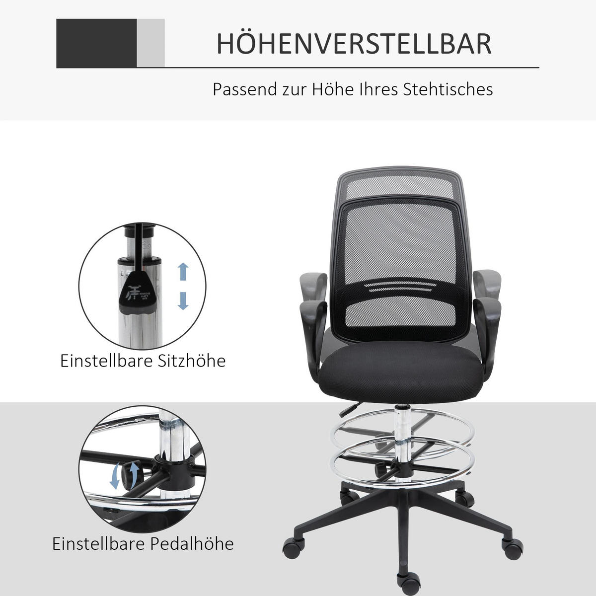 STEHSTUHL 59,5/60/102,5–126 cm, ergonomisch höhenverstellbar und drehbar mit Fußstütze, Schwarz - Schwarz, Kunststoff (60/126/59cm) - Redom