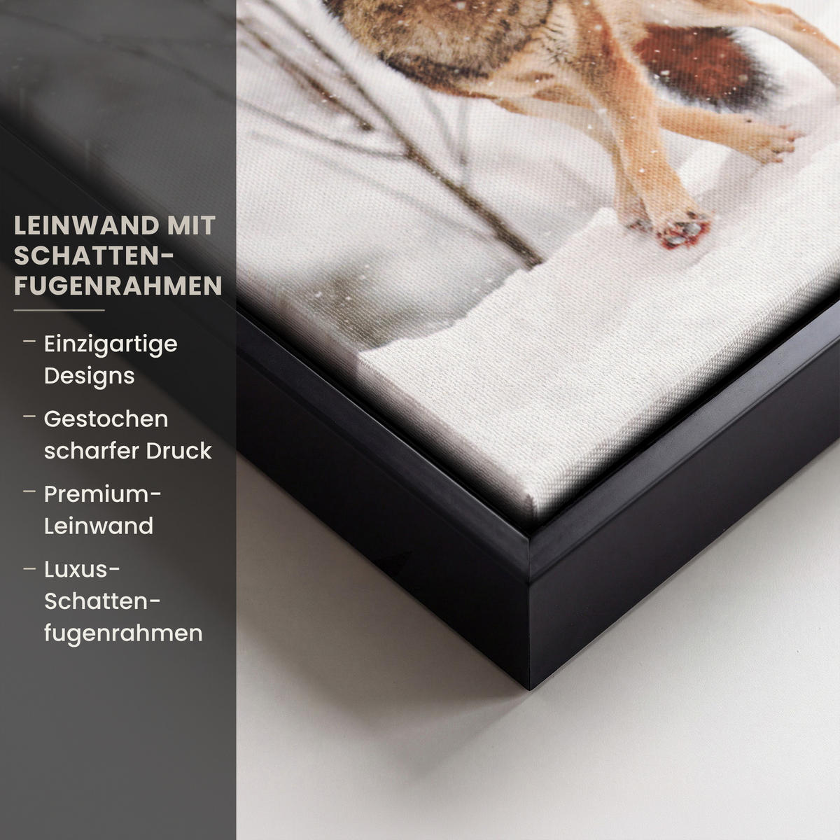 LEINWAND Bilder mit Rahmen - Wolf - Winter - Schnee - Natur - Tiere - 40x30 - Haselnussfarben, Textil (40/30cm) - MuchoWow