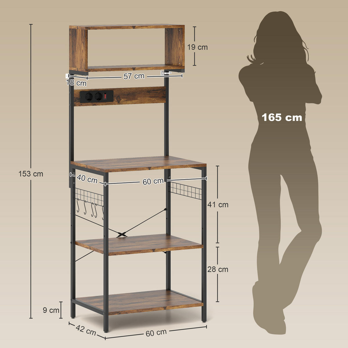 KÜCHENREGAL Spanplatte Stahl Rustikal-Braun - Braun, Holzwerkstoff (42/153/60cm) - HOMCOM