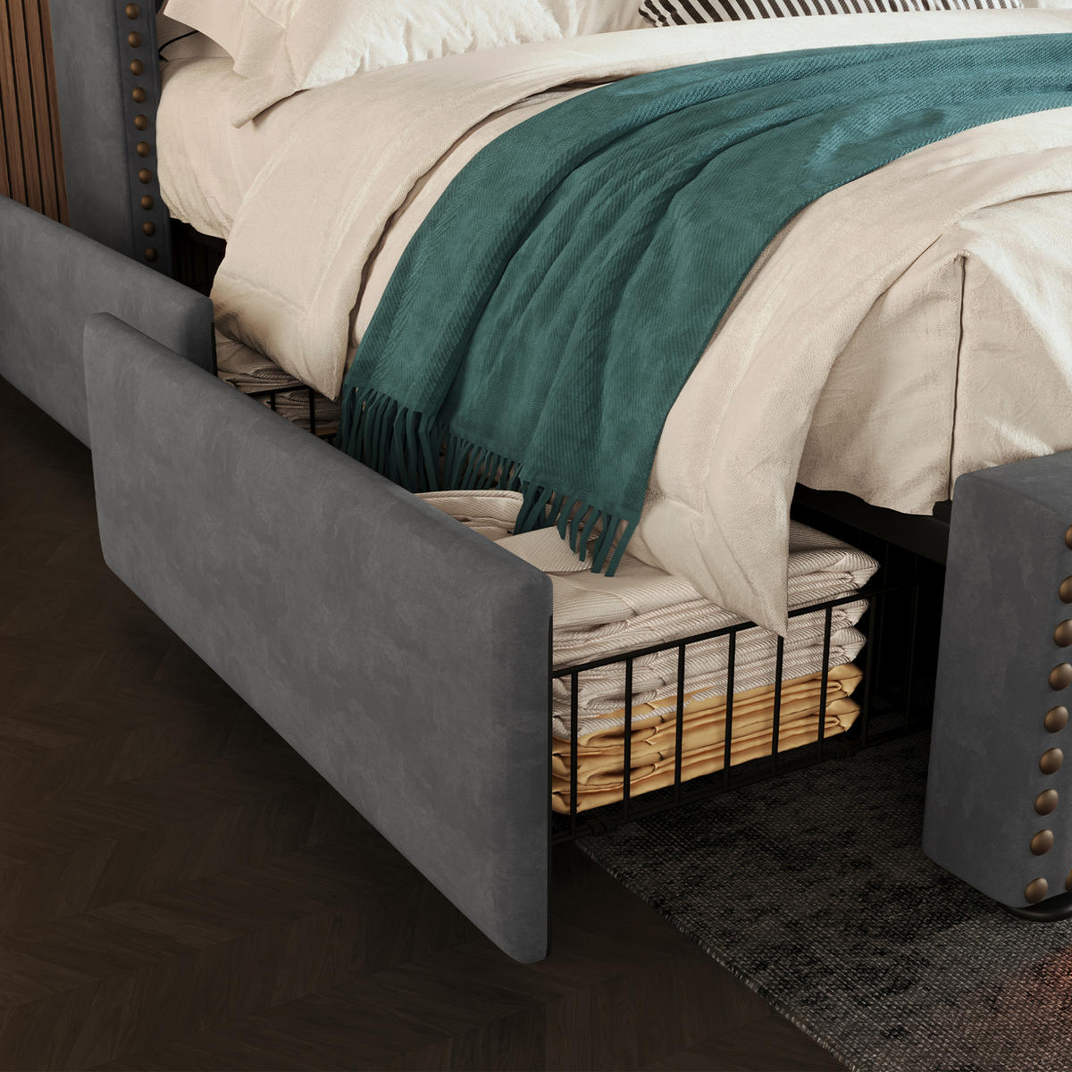 POLSTERBETT 140/200 cm Grau aus Samt mit LED, USB-C, 4 Schubladen und Matratze - Grau, Textil (140/200cm) - OKMYHOME
