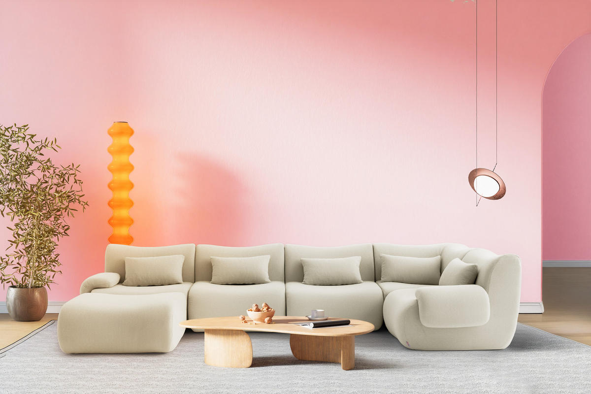 WOHNLANDSCHAFT Bouclé-Stoff Steinbeige - Beige, Textil (356/73/190cm) - MILYsofa