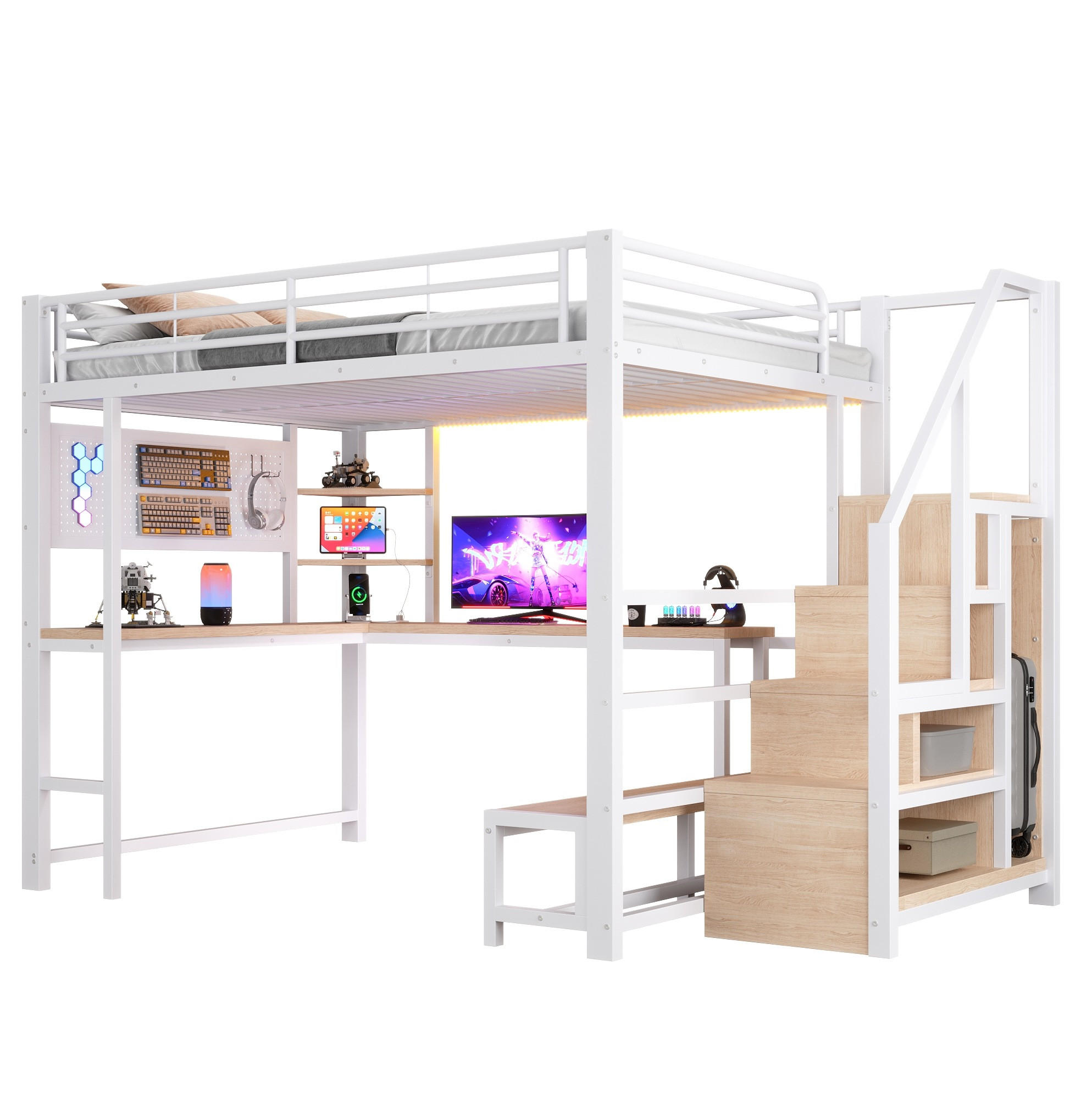 HOCHBETT MDF Metall 140x200 cm Weiß mit Schreibtisch, Stauraum, LED und USB/USB-C - Weiß, Holzwerkstoff (140/200cm) - Modfu