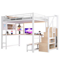 HOCHBETT MDF Metall 140x200 cm Weiß mit Schreibtisch, Stauraum, LED und USB/USB-C - Weiß, Holzwerkstoff (140/200cm) - Modfu