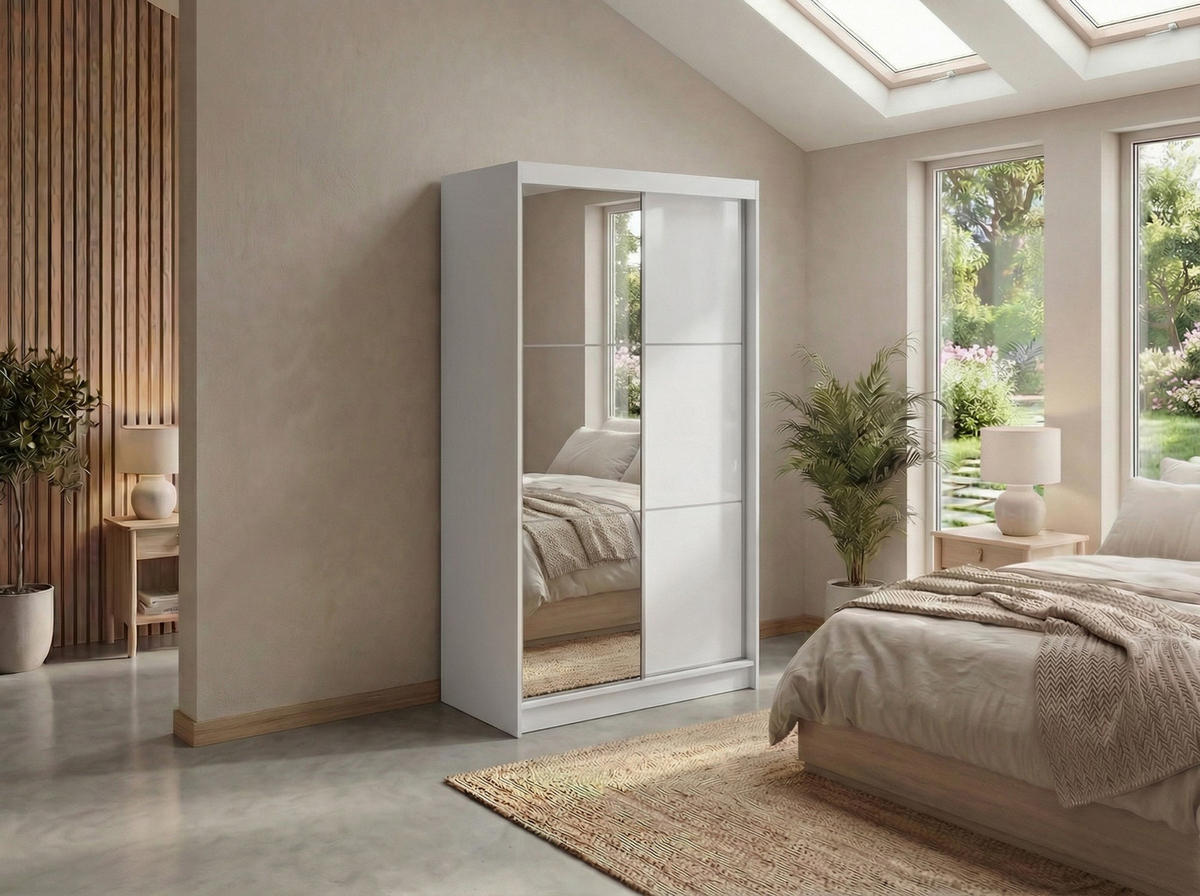 SCHWEBETÜRENSCHRANK mit Spiegel und Schubladen - WALENCJA - 120 - Weiß lacobel - Alufarben/Weiß, Holzwerkstoff/Metall (120/216/61cm) - MKS