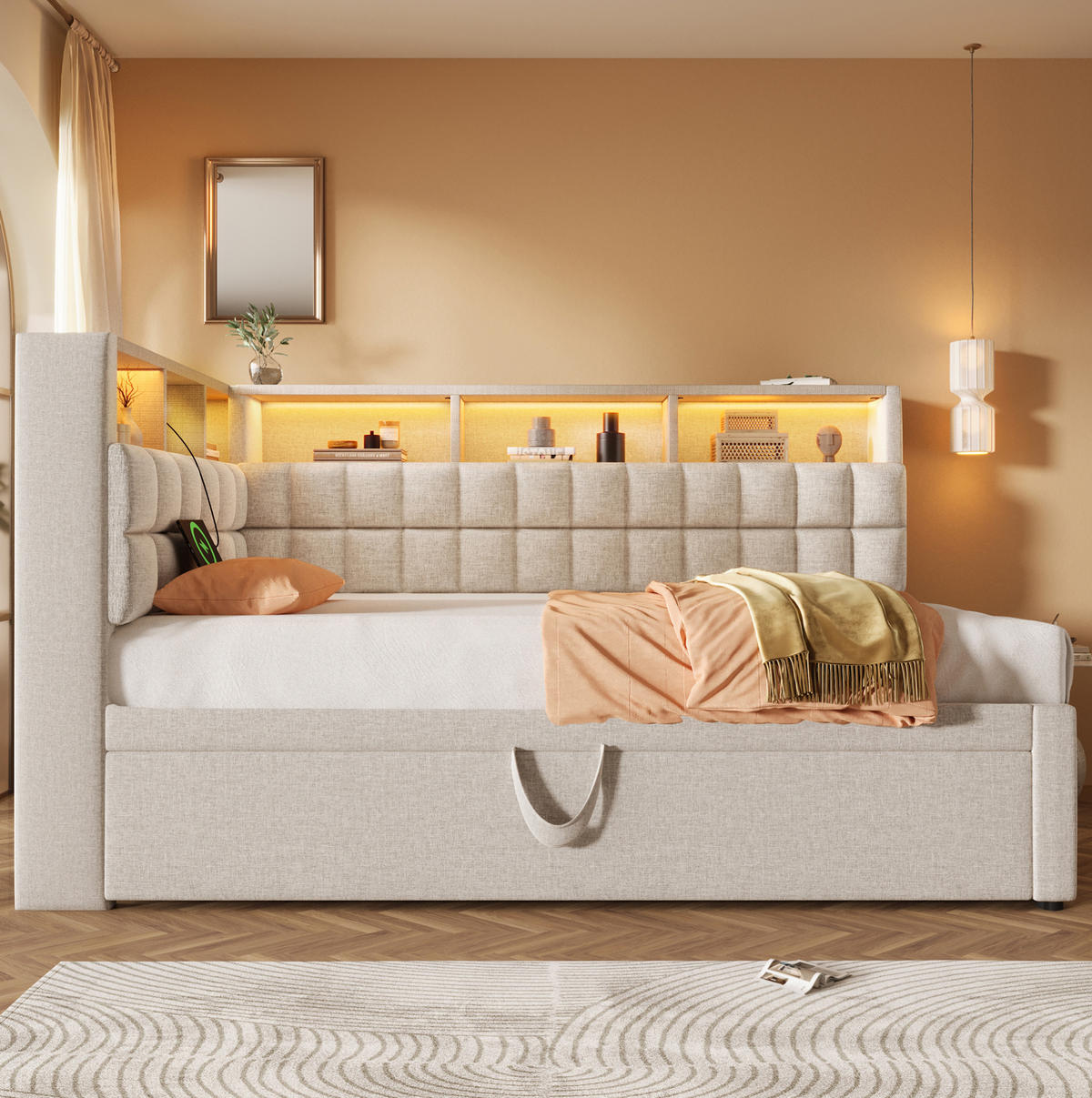 POLSTERBETT 90/200 cm mit Ausziehbett, LED, Bluetooth-Lautsprecher, USB-A/USB-C und Stauraum, Leinenoptik, Beige - Beige, Textil (90/200cm) - Redom