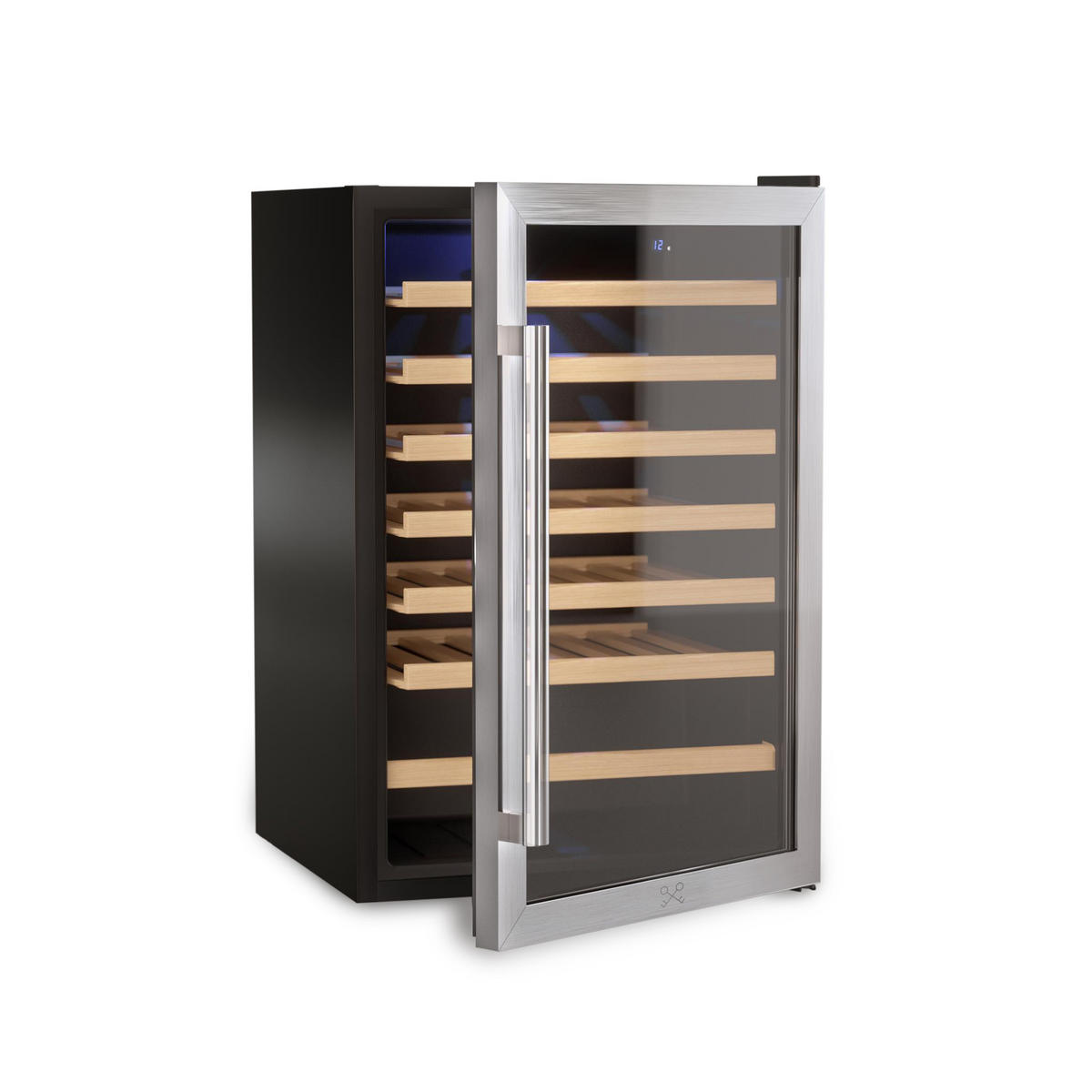 WEINKÜHLSCHRANK CAVC48 Schwarz und Silber, von 48 Flaschen , 128L, 6 Holzregale, Thermodynamische Kühlung, Elegantes Design, LED, Anti-UV - Schwarz, Metall (46.6/77.9/44.1cm) - Les Petits Champs