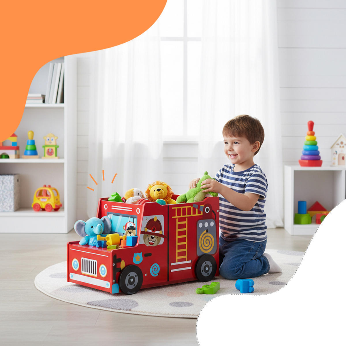 TRUHLA Vícebarevná na hračky hasičské auto MDF - červená, kompozitní dřevo (60/32cm) - Relaxdays