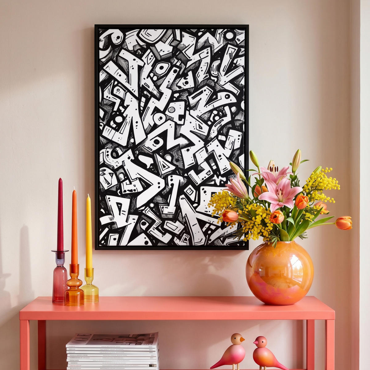 LEINWAND Bilder mit Rahmen - Formen - Buchstaben - Graffiti - Schwarz - 40x60 - Schwarz, Textil (40/60cm) - MuchoWow