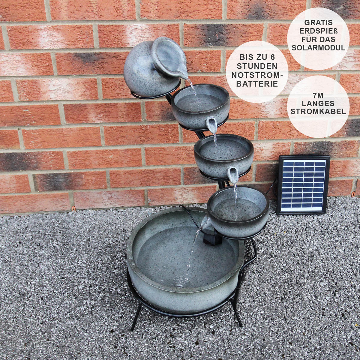 SOLAR-KASKADENBRUNNEN mit Akku - Grau, Keramik (44/50/44cm) - Monstershop