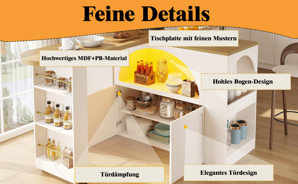 BARTISCH, MDF ausziehbar mit Stauraum & LED, 135-205/39/100 cm, Weiß - Weiß, Holzwerkstoff (39/100/135cm) - Redom
