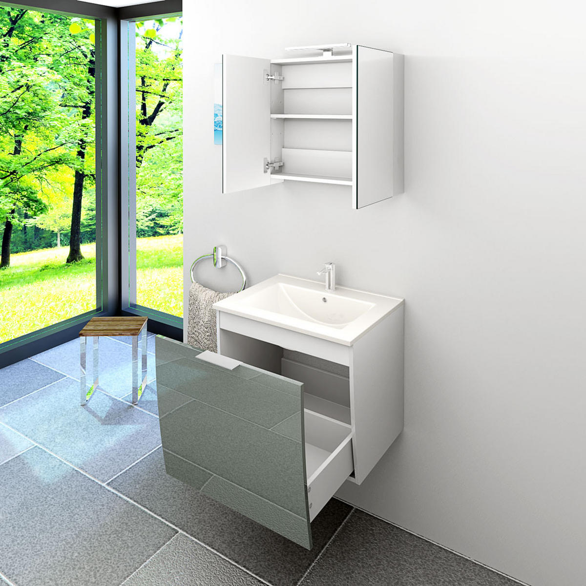 BADMÖBEL Set Gently 1 V1 Weiß/Grau MDF Waschtisch 60cm ohne LED-Beleuchtung - Grau, Glas/Kunststoff (46/52/60cm) - AcquaVapore by Sandra Jentho
