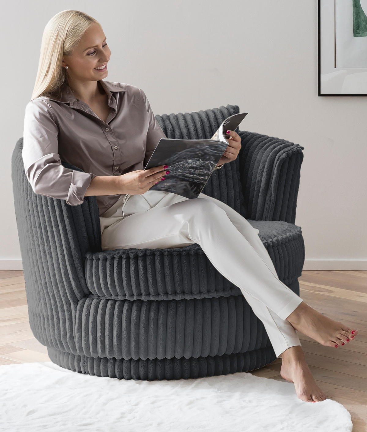 BIG-SESSEL Mega Cord grau Ø 95 cm 360° drehbar, inklusive Kissen - Grau, Holz/Kunststoff (95/77/95cm) - Furn.Design