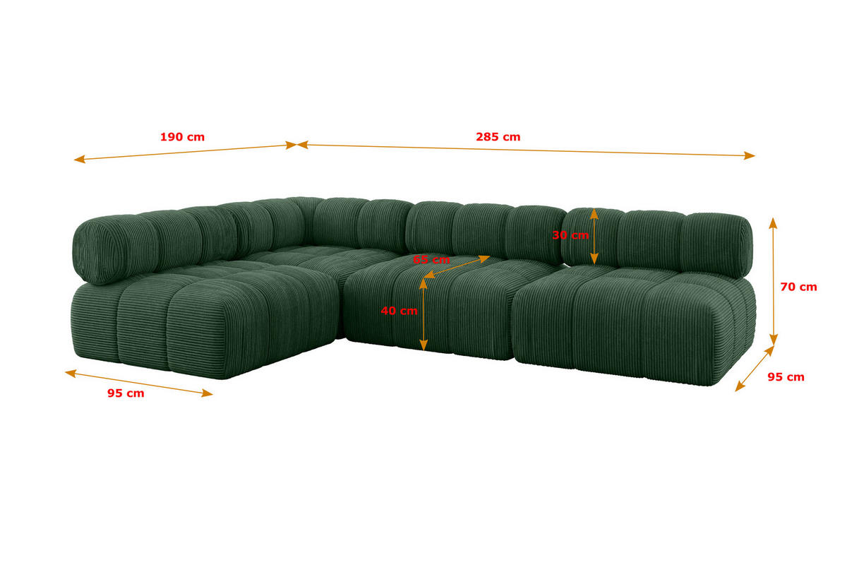 ECKSOFA modulares Sofa Samaro-L2 - 285x190x70 cm Grün Cord - Grün, Holzwerkstoff/Textil (285/190cm) - ALTDECOR