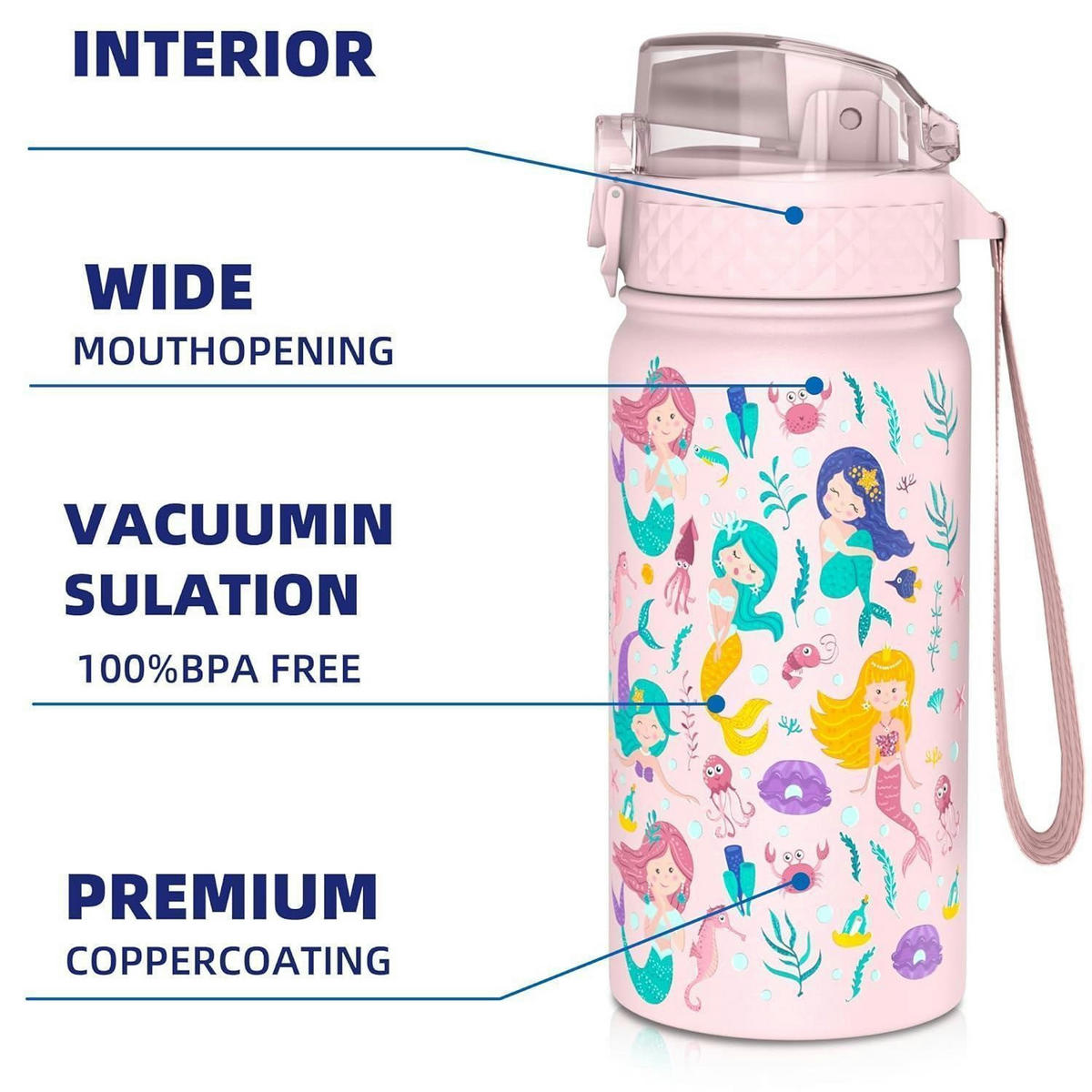 TRINKFLASCHE Kinder 420 ml Edelstahl mit Strohhalm und auslaufsicherem Deckel Rosa Meerjungfrau - Rosa, Metall (7.5/7.5cm)