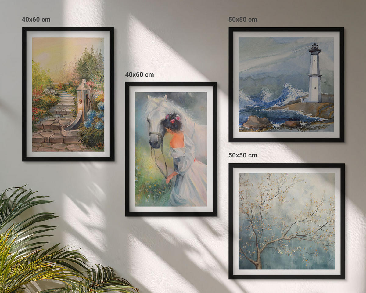 BILDER SET 4er Set - 50x50 cm & 40x60 cm Schwarzer Rahmen - Leuchtturm, Landschaft, Mädchen, Pferd - Schwarz, Kunststoff (50/50cm) - TULUP