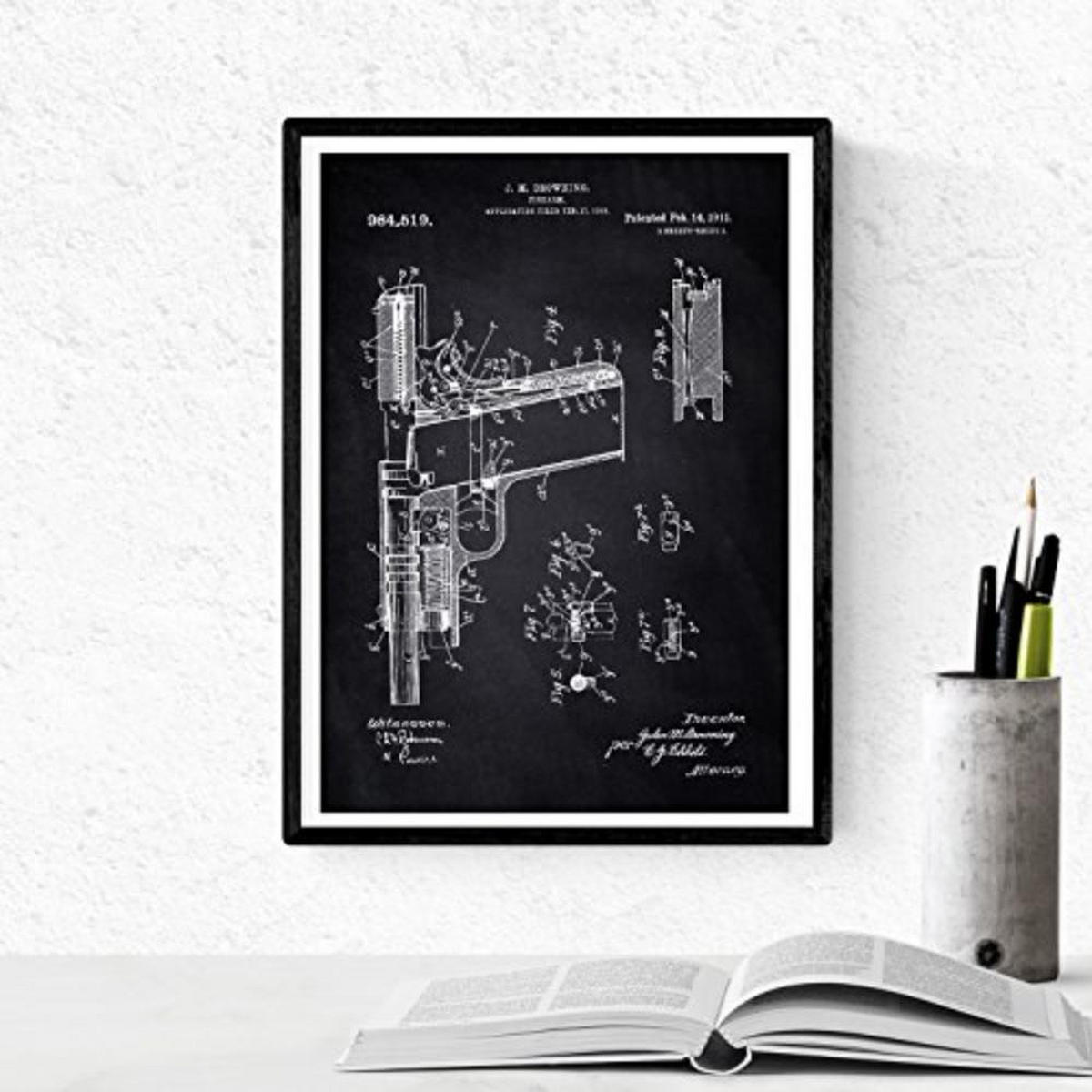 POSTER Set mit 4 Schwarz Waffen Patent A4 Schwarzer Rahmen - Schwarz, Papier (29.7/3cm) - Nacnic