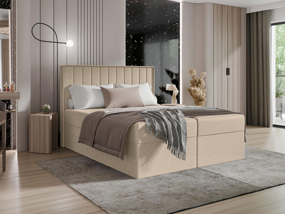 BOXBETT - Taschenmatratze + Topper 140x200 beige Velvet - Beige, Holz/Holzwerkstoff (140/200cm) - SIMKAM Furniture
