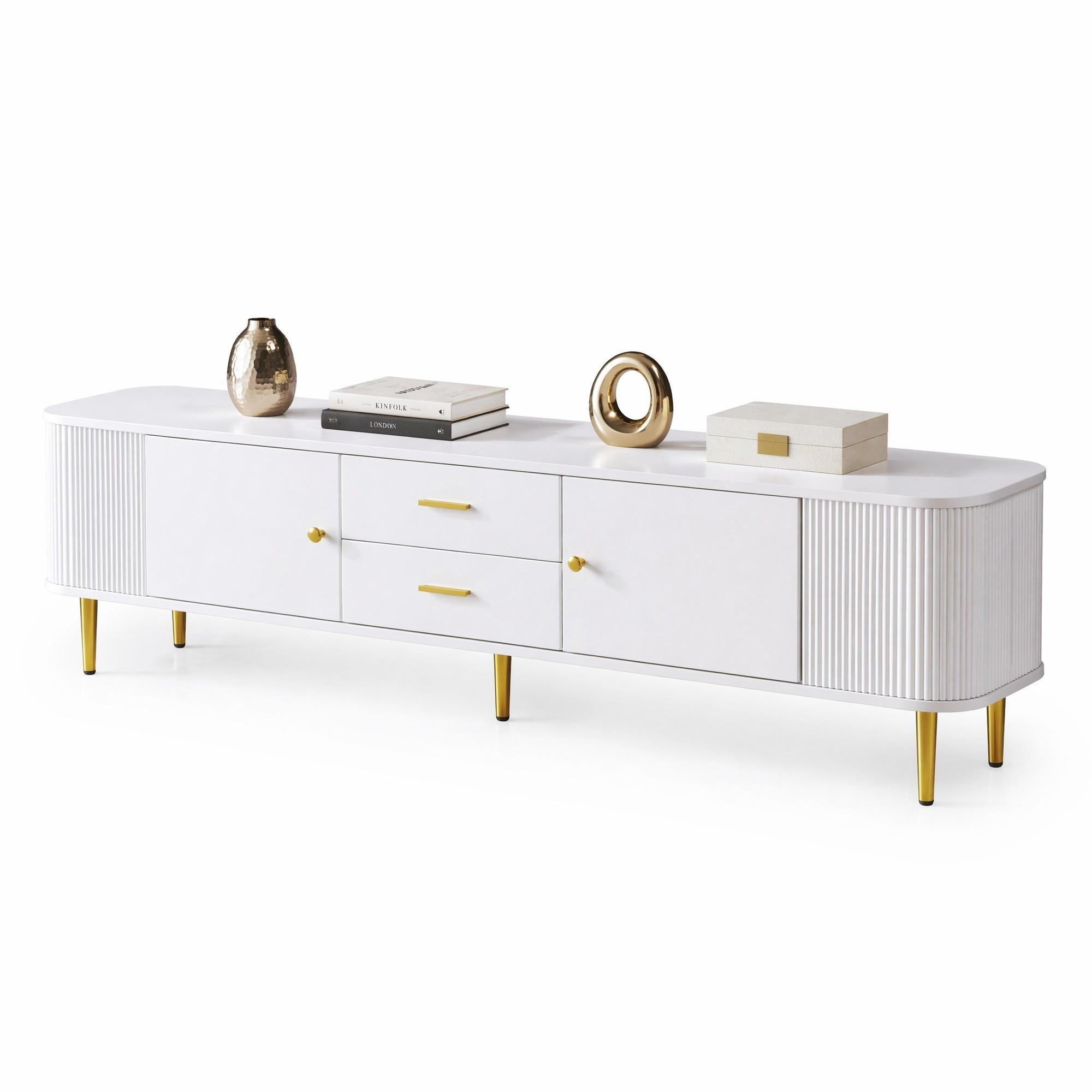 LOWBOARD in Weiß TV-Schrank mit Schubladen und gewellten Seiten für Wohnzimmer, B170/T34/H45 cm - Goldfarben/Weiß, Holzwerkstoff/Metall (170/45/34cm) - STILVORA
