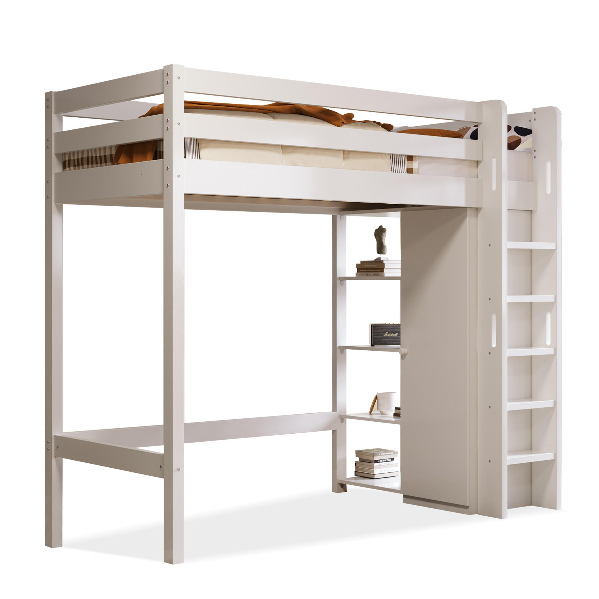 STILVORA HOCHBETT 90/200 cm in Weiß mit Kleiderschrank und 6 Regalen