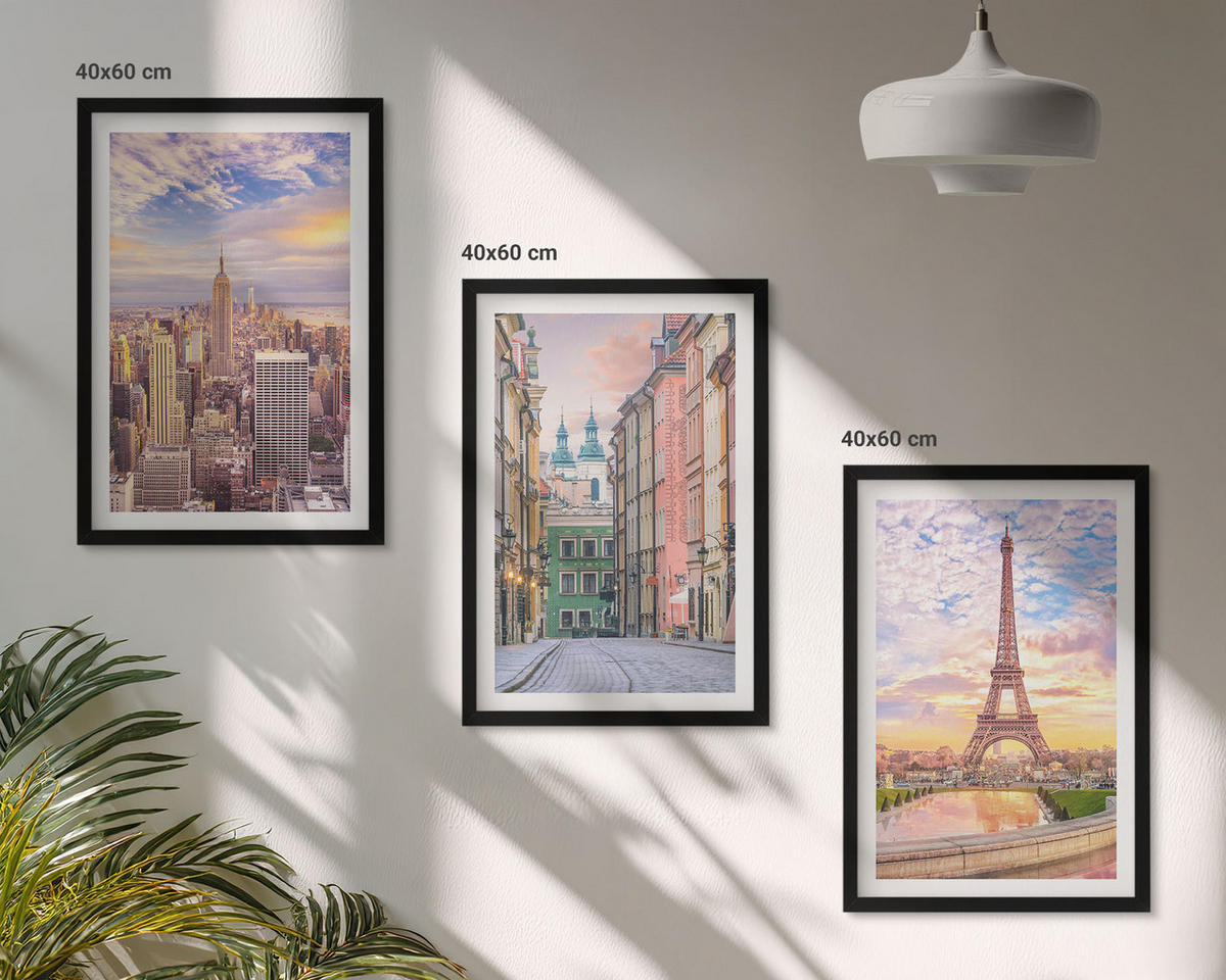 BILDER SET 3er Set - 40x60 cm Schwarzer Rahmen - Städte New York Paris Dämmerung - Schwarz, Kunststoff (40/60cm) - TULUP