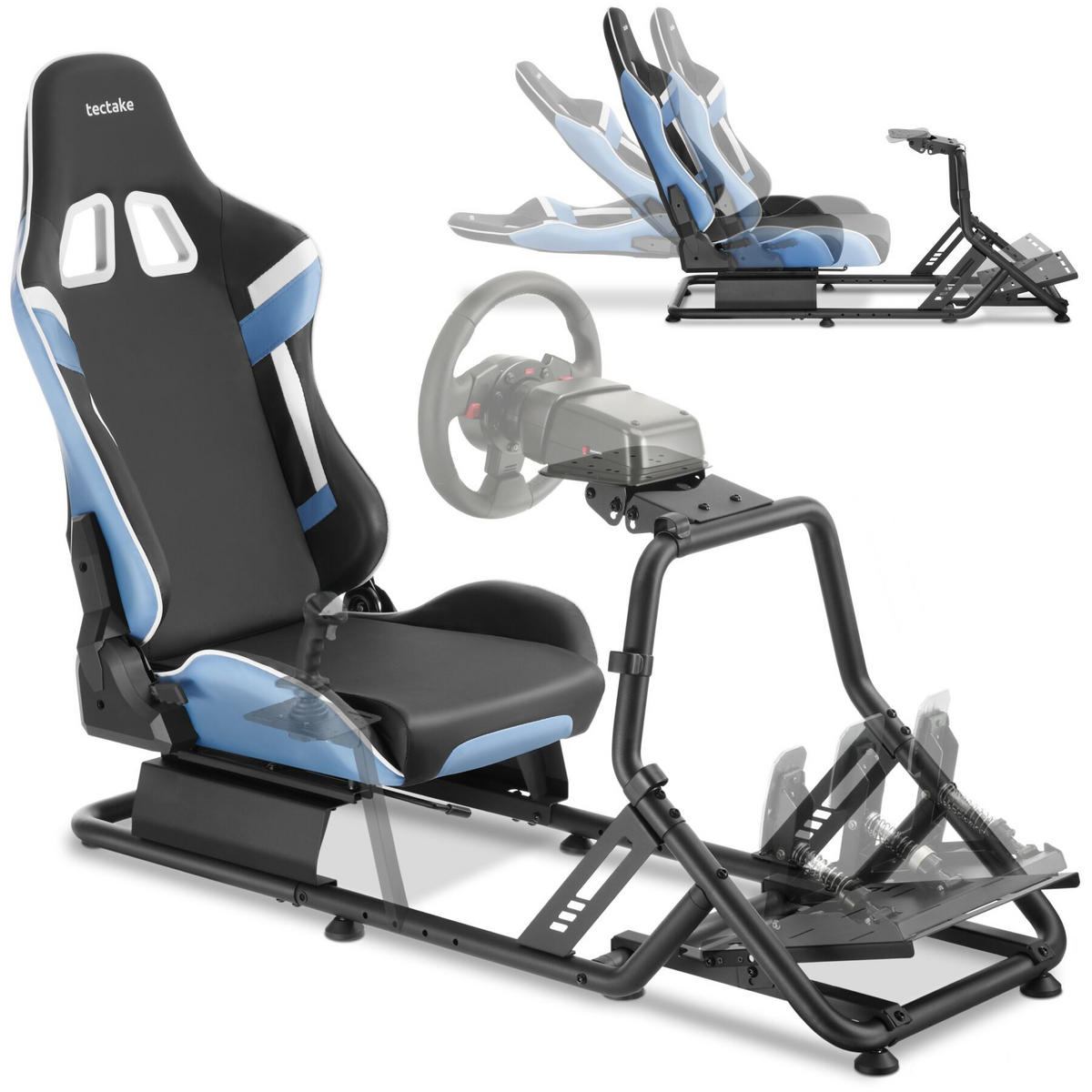 GAMINGSTUHL Play Racing-Cockpit, GT-Style, Logitech/Fanatec kompatibel, schwarz/azurblau,57 x 144 x 108,5 cm - Schwarz/Hellblau, Metall (57/62/220cm) - tectake