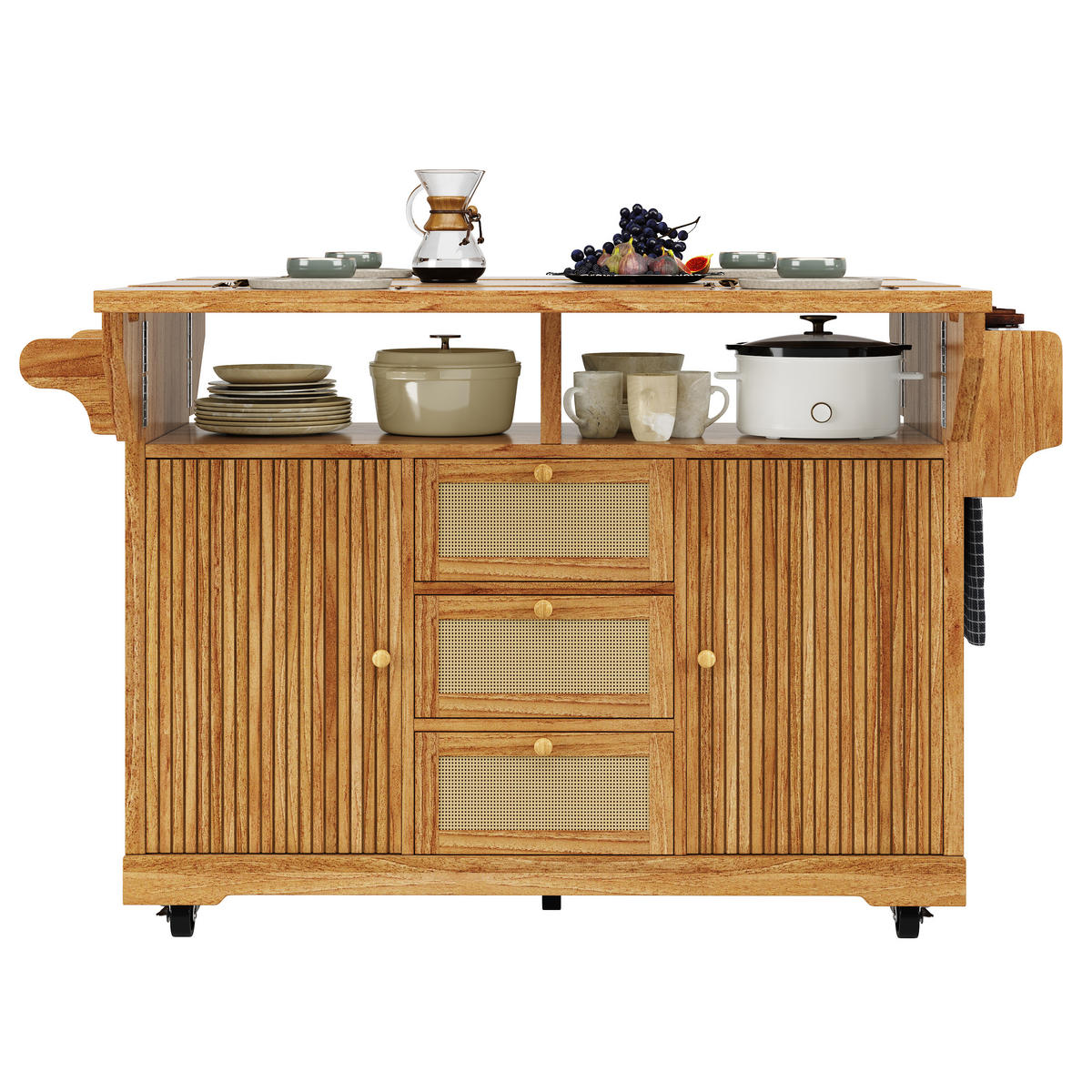 KÜCHENINSEL Dunkelbraun Ausklappbar Mit PE-Rattanschubladen & Rollen - Dunkelbraun, Holzwerkstoff (142.5/95/80cm) - Urban Meuble