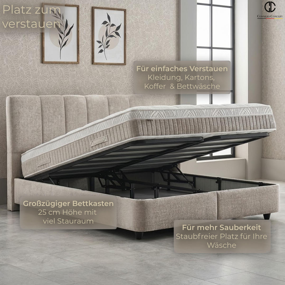 BOXSPRINGBETT MIT BETTKASTEN LISBOA 180/200 cm, Taupe, Bettkasten, Matratze, Topper integriert, H3 mittel - Taupe/Schwarz, Holz/Kunststoff (180/200cm) - Consilio Concept