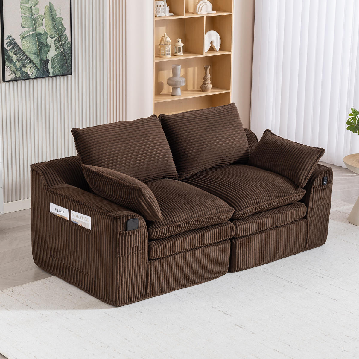 2-SITZER SOFA Cord Braun mit Kissen und Seitentaschen - Braun, Textil (191/85/94cm) - WISHDOR