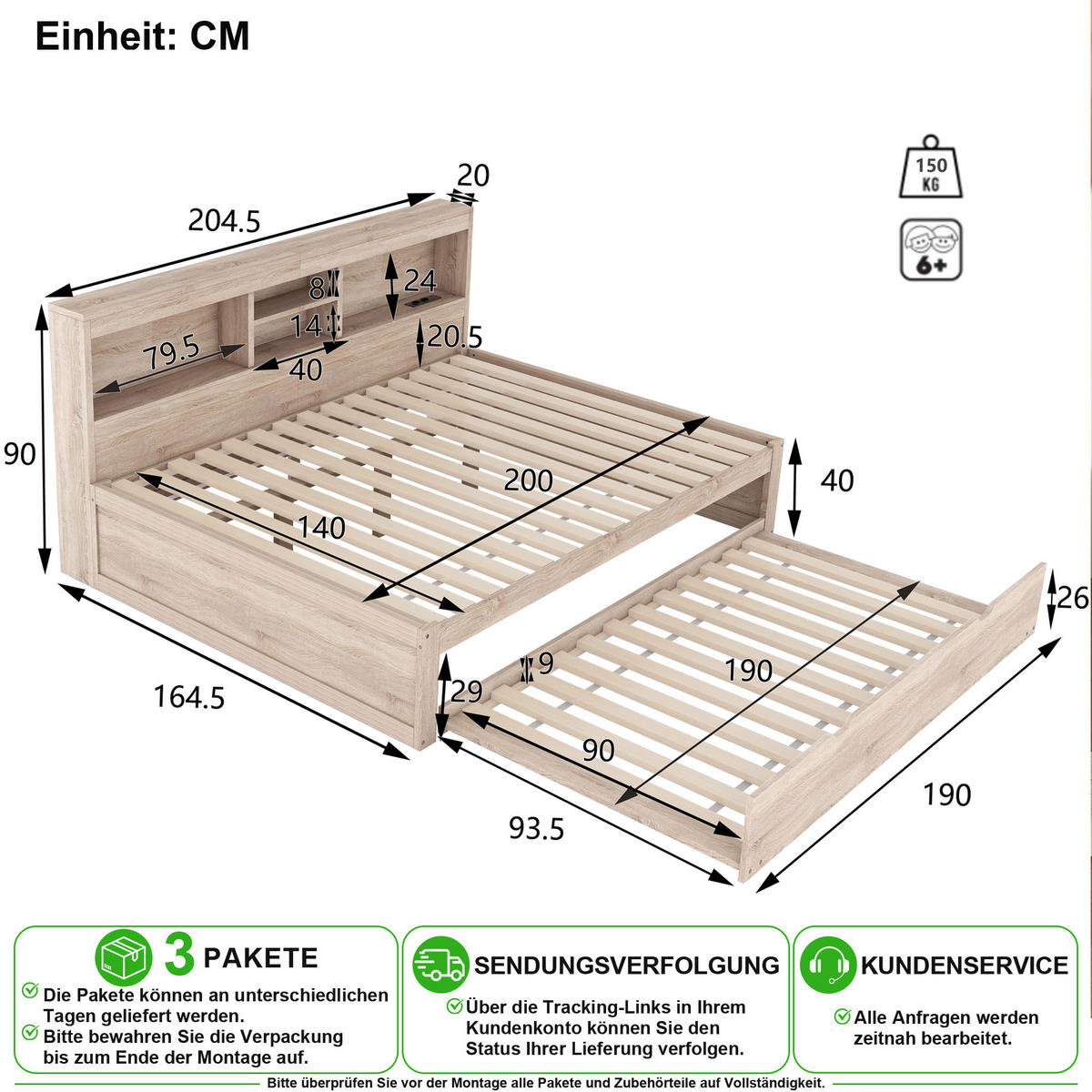 SCHLAFSOFA 140/200 cm & 90/190 cm in Natur mit Ausziehbett, LED, USB und Ablage - Naturfarben, Holz/Holzwerkstoff (140/200cm) - CHICFURN