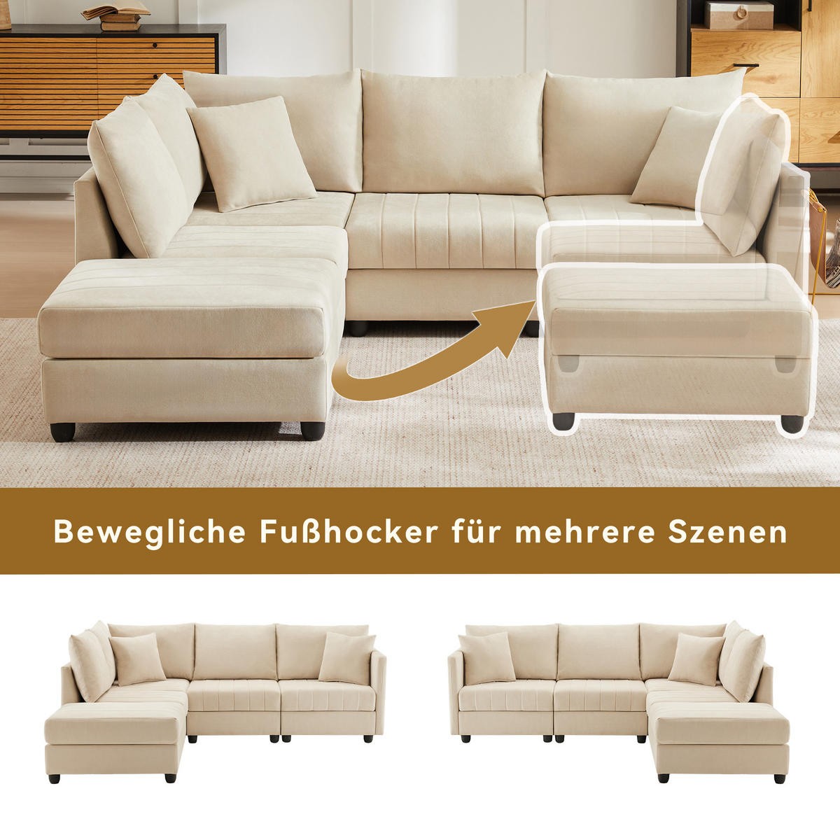 ECKSOFA 220/194/85 cm Beige aus Baumwoll-Leinen mit Ottomane - Beige, Textil (194/220cm) - OKWISH