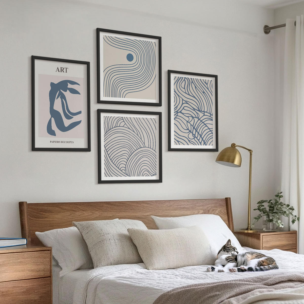 WANDBILDER 4er-Set - 50x50 cm & 40x60 cm Schwarzer Rahmen - Abstrakte blaue Linien - Schwarz, Kunststoff (50/50cm) - ArtPrintCave