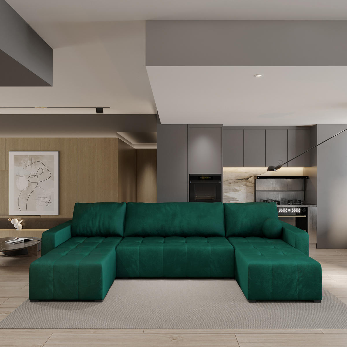 ROHOVÁ SEDAČKA TOLARI tmavě zelená - šedá/tmavě zelená, dřevo/textil (295/140cm) - MASSENO