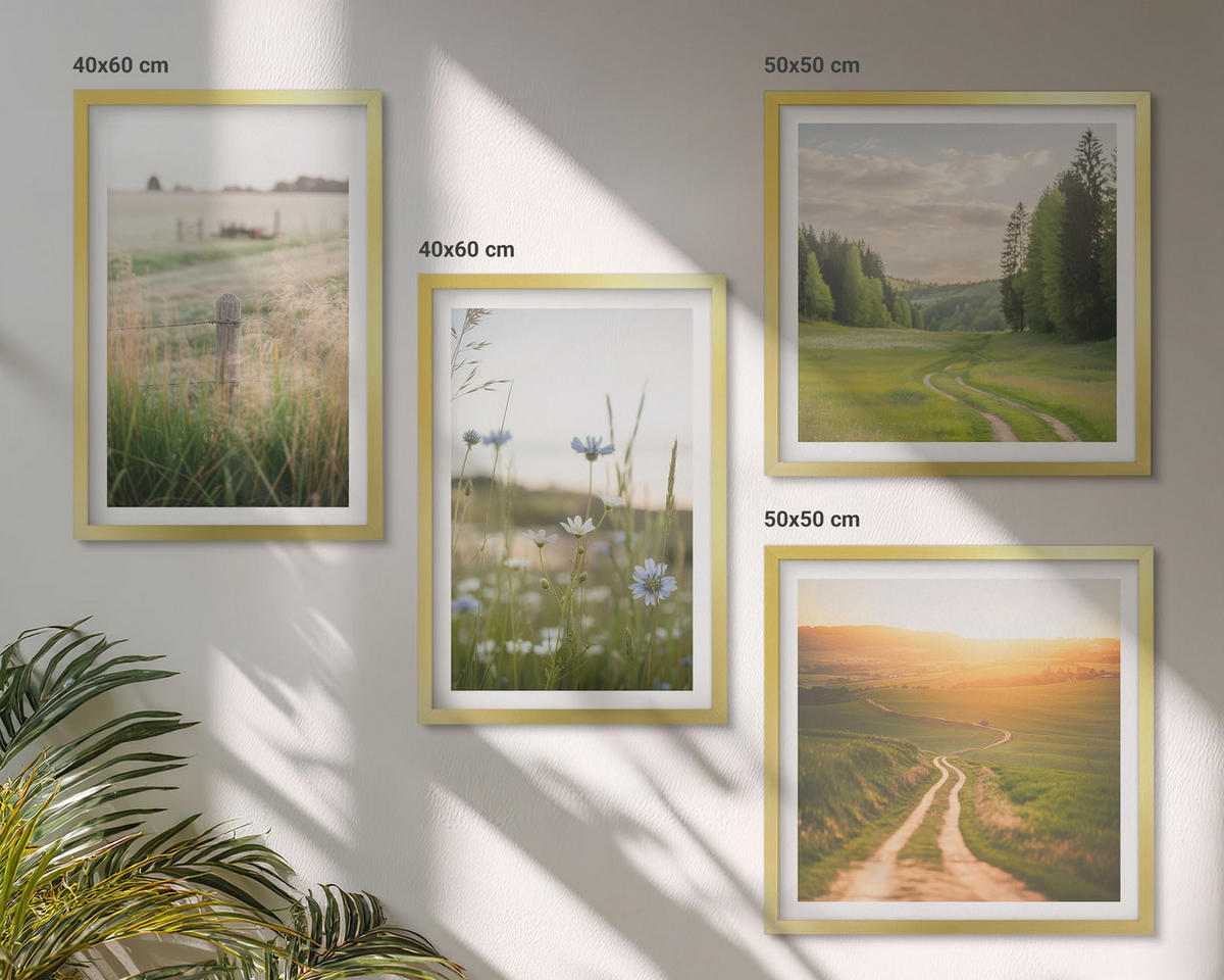 BILDER SET 4er Set - 50x50 cm & 40x60 cm Goldrahmen - Landschaften Natur Felder Sonne - Goldfarben, Kunststoff (50/50cm) - TULUP