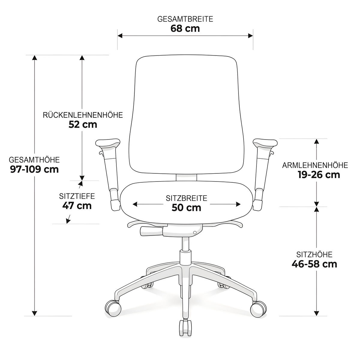 BÜROSTUHL Basic Stoff Schwarz - ergonomisch, 150 kg belastbar, Sitzhöhe 46-58 cm - Schwarz, Kunststoff/Textil (65/97/68cm) - Versee