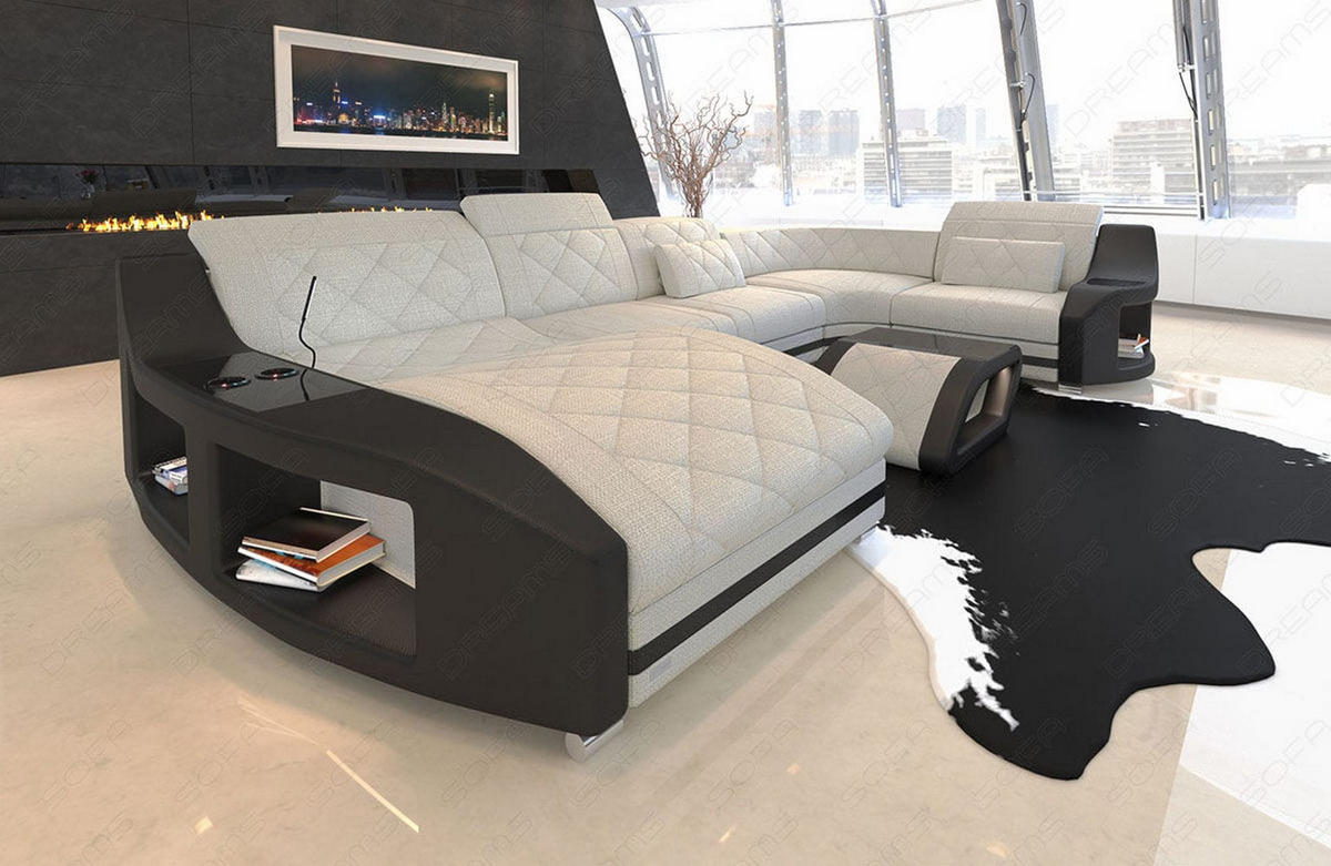 WOHNLANDSCHAFT Stoff Sofa Swing U Form Elfenbein Schwarz Strukturstoff - Creme, Kunststoff (404/90/220cm)