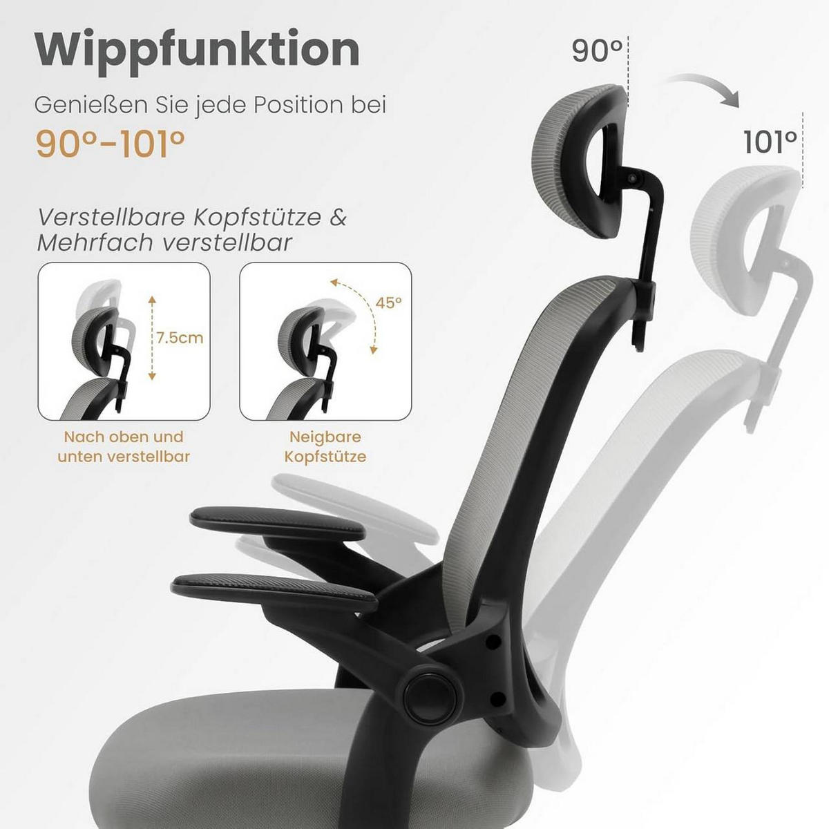DREHSTUHL mit Wippfunktion, Netzstoff, Grau - Schwarz/Grau, Kunststoff/Textil (63.5/109.5/50cm) - Woltu
