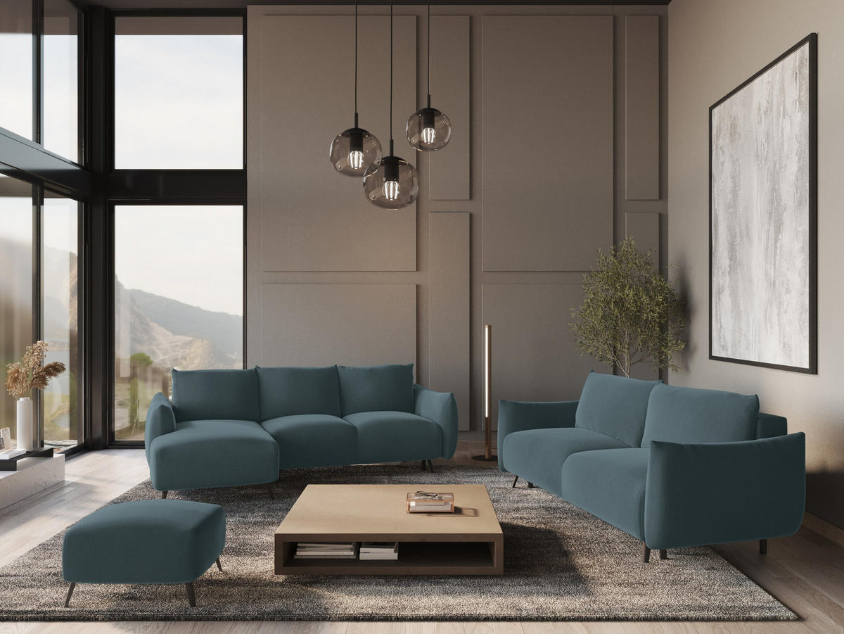 ECKSOFA mit Schlaffunktion Samt Stoff Blau - Blau/Petrol, Textil/Metall (162/242cm) - Makamii